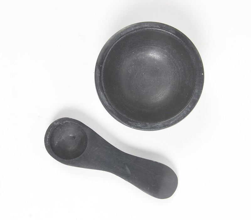 Classic Black Stone Bowl with Spoons