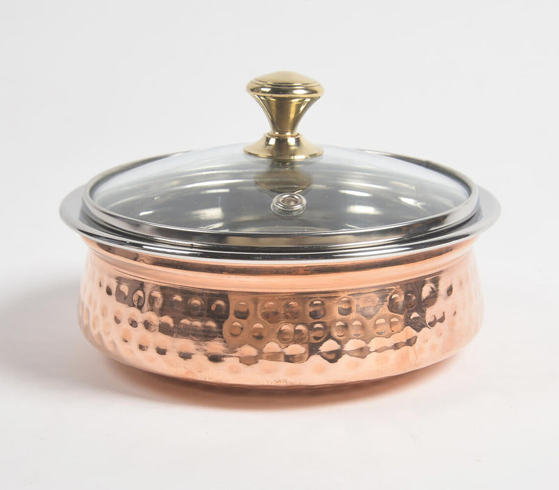 Hammered Copper & Steel rice bowl with glass lid (medium)