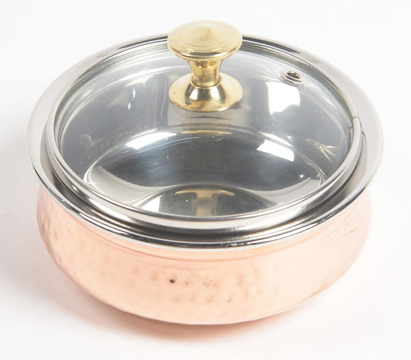 Hammered Copper & Steel rice bowl with glass lid (large)