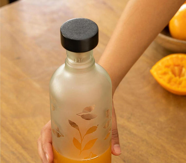 Glass Frosted Leaf Bottle with Wooden Stopper