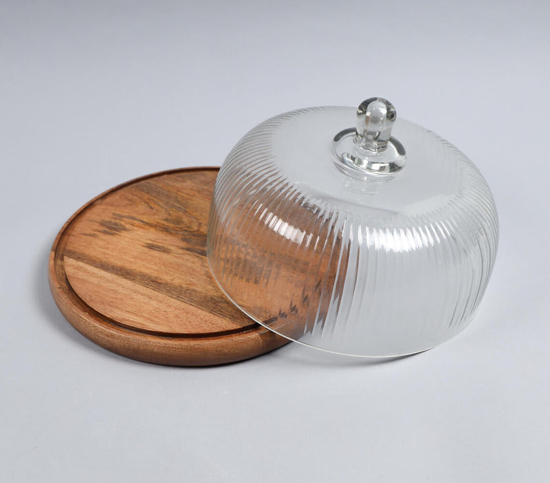 Ribbed glass cast cloche with wooden base
