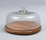 Ribbed glass cast cloche with wooden base
