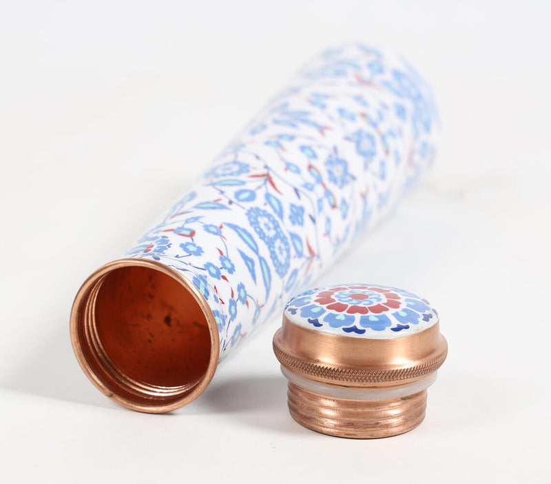 Enamelled Blue Peony Copper Slim Bottle