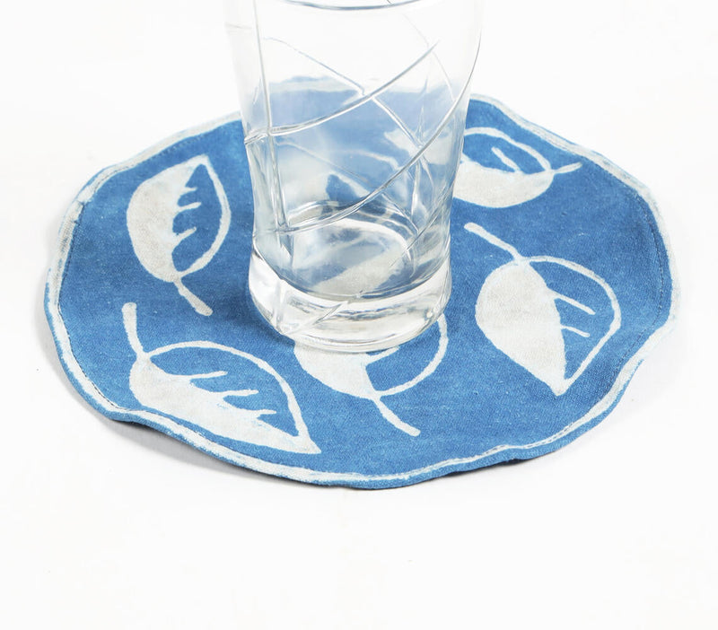 Indigo-Dyed Leaf Block Printed Cotton Coasters (set of 4)