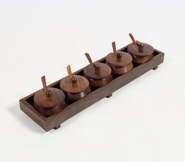 Turned Rosewood Set of 5 Condiment Pots & Spoons with Tray