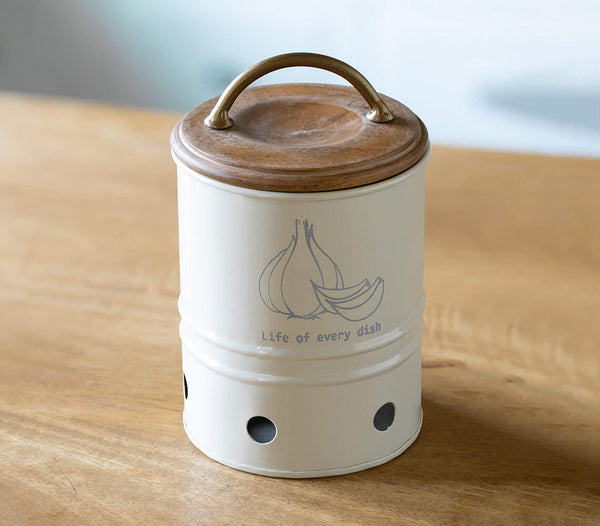 Handmade Metal Garlic Storage Bin with Wooden Lid