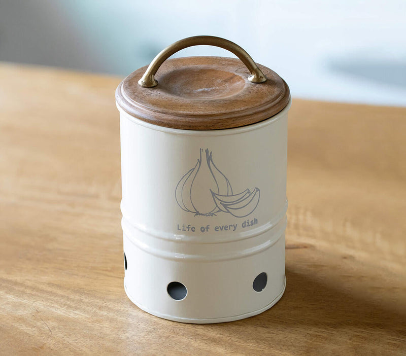 Handmade Metal Garlic Storage Bin with Wooden Lid