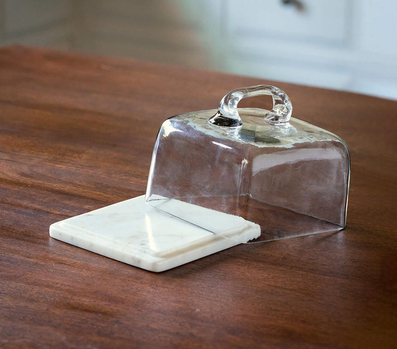 Handmade Square Glass Cast Cloche with Marble Base