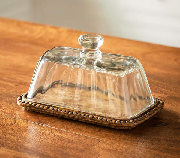 Clear Glass Butter Dish With Wooden Base