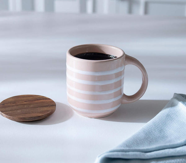 Striped Ceramic Mug with Wooden Lid