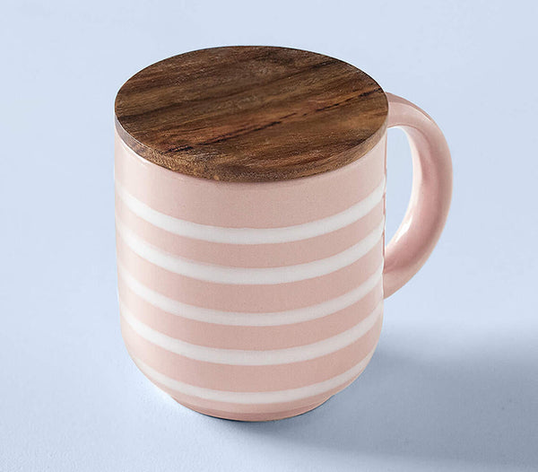 Striped Ceramic Mug with Wooden Lid