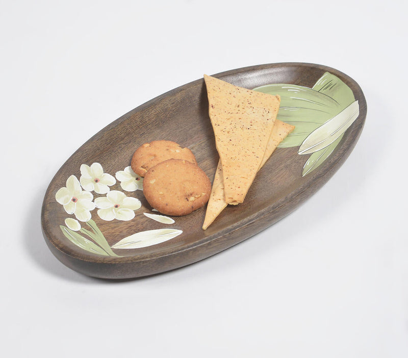 Hand Carved Floral Oval Wooden Platter
