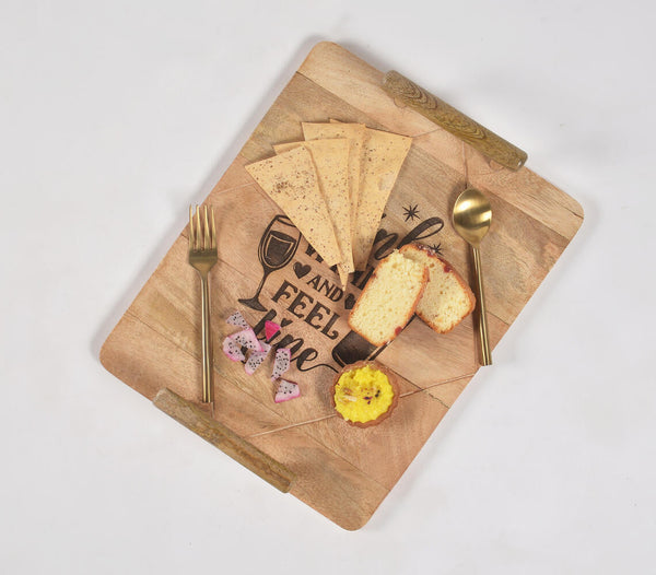 Engraved mango Wood Tray With Wooden Rod Handles