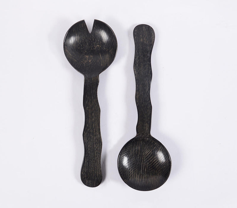 Hand Carved Wavy MDF Noir Salad Servers (set of 2)