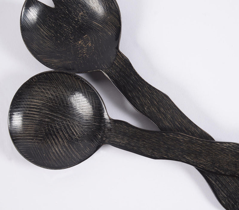 Hand Carved Wavy MDF Noir Salad Servers (set of 2)