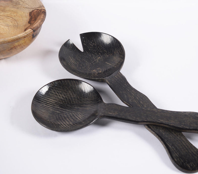 Hand Carved Wavy MDF Noir Salad Servers (set of 2)