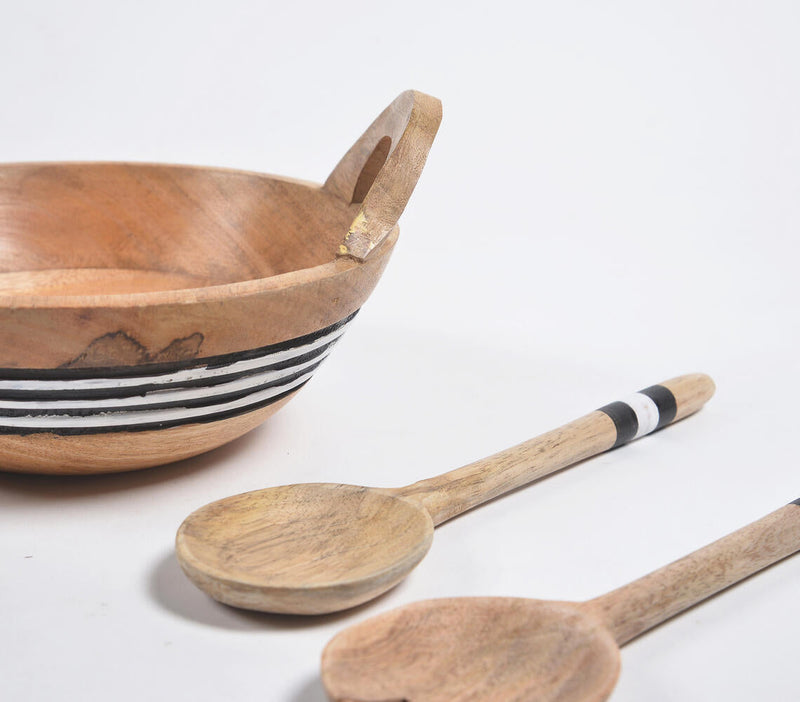 Turned & Striped Mango Wood Salad Bowl With Spoons