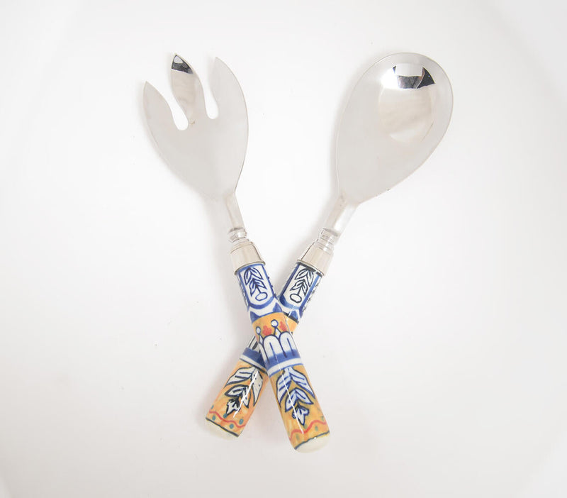 Hand Painted Ceramic & Stainless Steel Salad Servers Combo