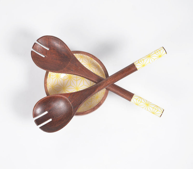 Enamelled Mango Wood Bowl & 2 Salad Servers