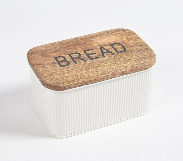 Galvanized Iron Textured Typographic Bread Box with Wooden Lid