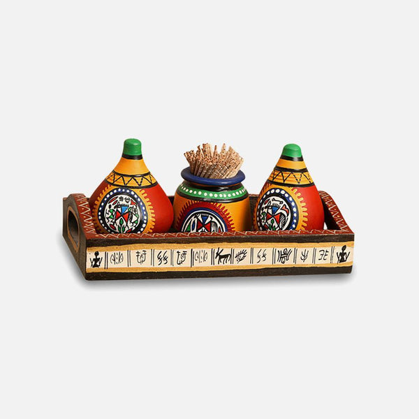 Warli Art Motif Terracotta Salt & Pepper Shakers with Toothpick Holder & Wooden Tray (Set of 3)