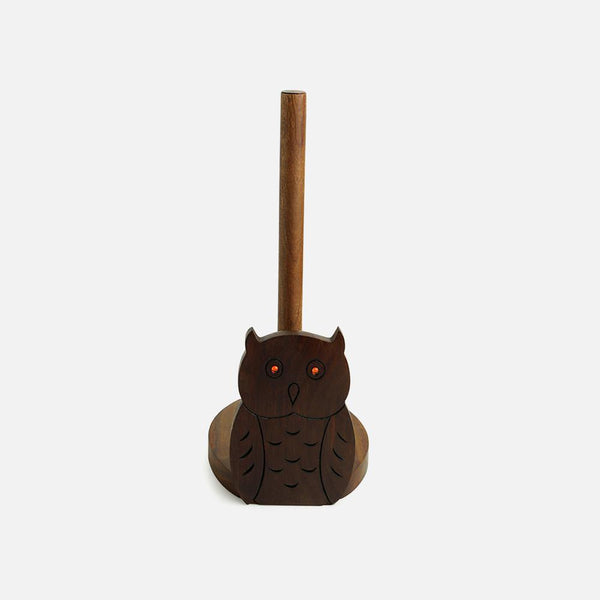 Hand Carved Wooden Tissue Roll Holder with Omniscient Owl Motif