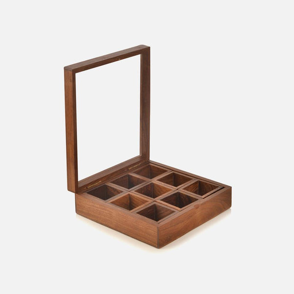 Hand Cut Wooden Square Spice Box with Spoon