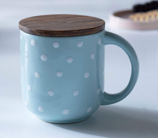 Polka-Dot Ceramic Mug with Wooden Lid