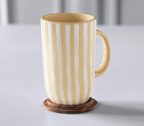Striped Tall Ceramic Mug with Wooden Lid